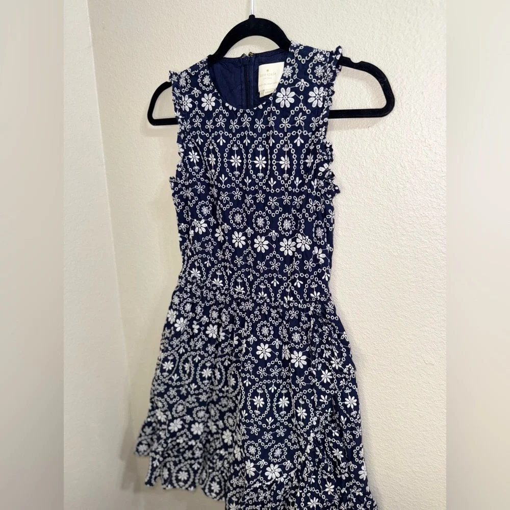 Kate Spade Navy/white Embroidered Eyelet ruffled Mini Dress- size 0‎